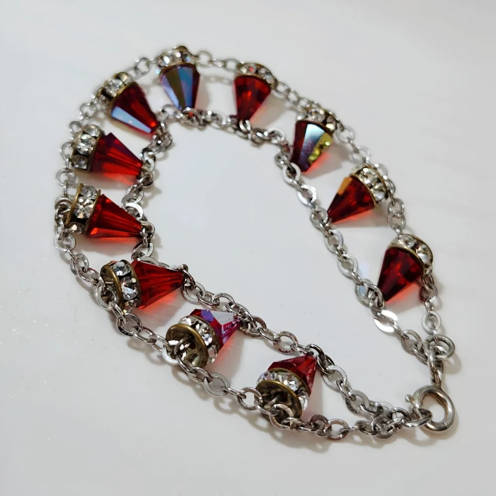 Vintage Sterling Silver RARE Red Siam Aurora Boreale Swarovski Crystal Bracelet